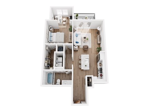 A top-down view of a small apartment with a kitchen, living room, and bathroom.